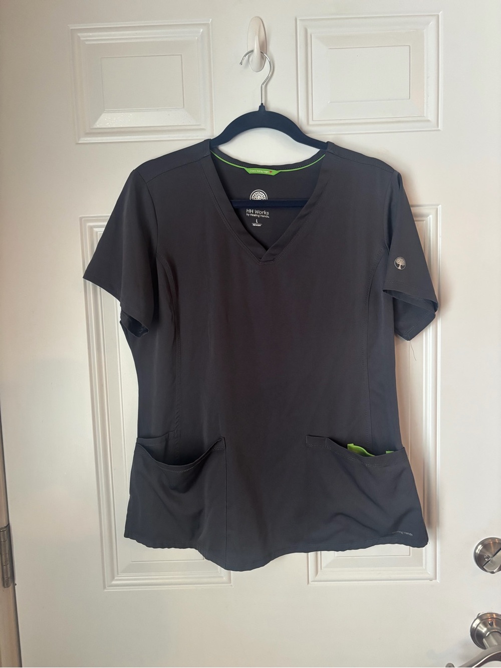 healing hands Women's V-Neck Scrub Top in Charcoal with Lime Trim